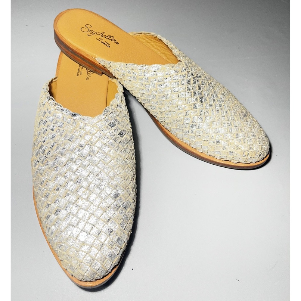 Seychelles Shoes Womens Size 7.5 Silver Woven Leather Slide Flats Mule Slip On